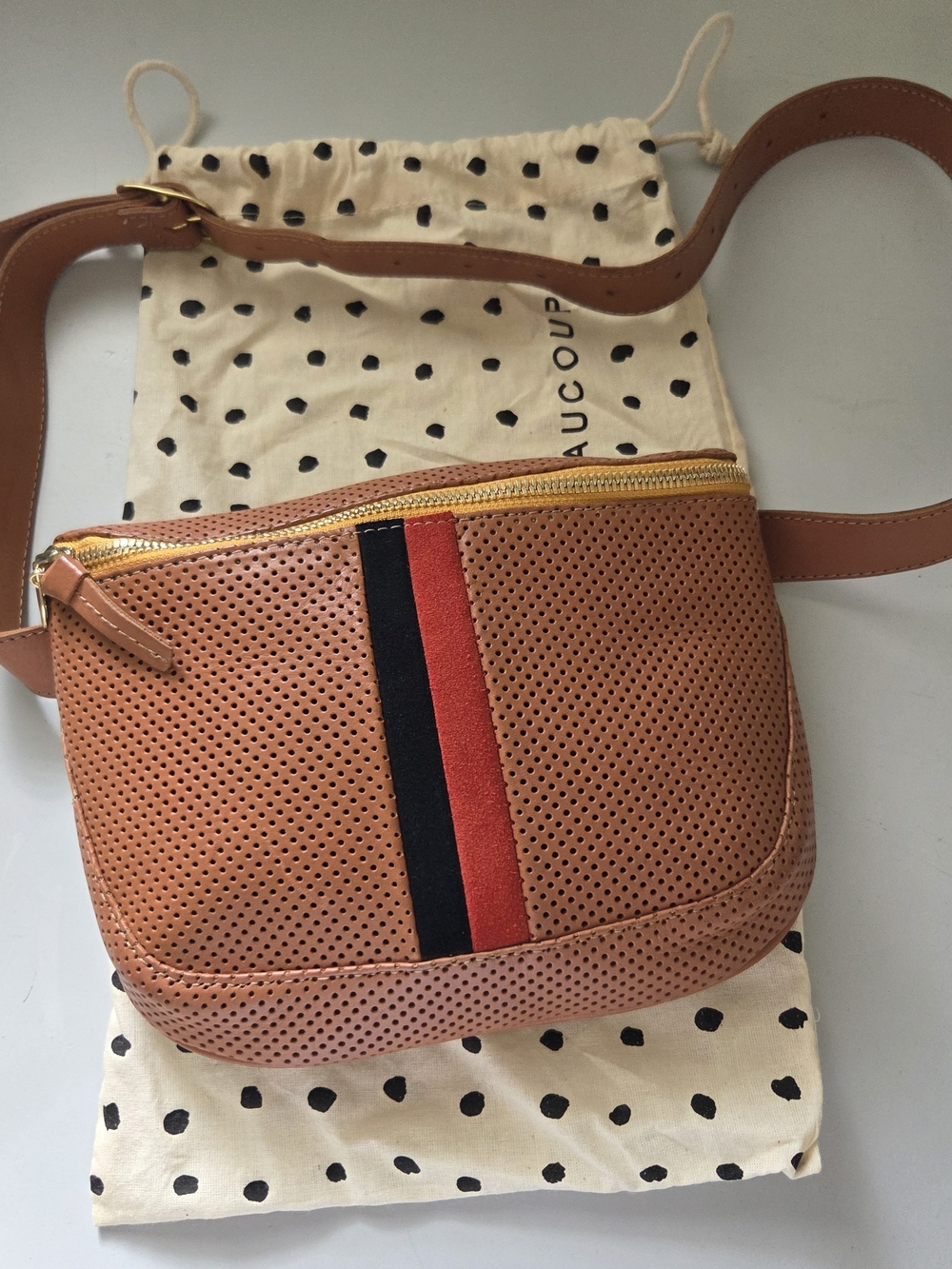 Clare V. Perforated Brown Leather Fanny Pack Belt Bag with Red and black stripes